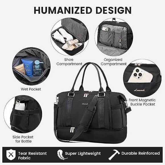 Gym Bag for Women  Travel Duffel Bag with USB Charging Port, Black - Picture 6 of 8